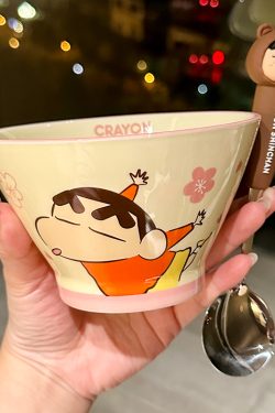 Cute Conical Hat Ceramic Rice Bowl for Kids - 2025 New Model, Adorable Crayon Shin-chan Design, Perfect Noodle Bowl for Children