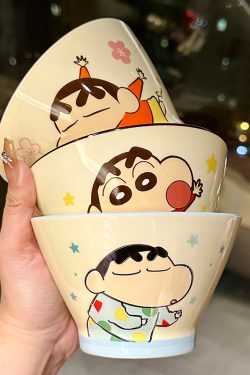 Cute Conical Hat Ceramic Rice Bowl for Kids - 2025 New Model, Adorable Crayon Shin-chan Design, Perfect Noodle Bowl for Children