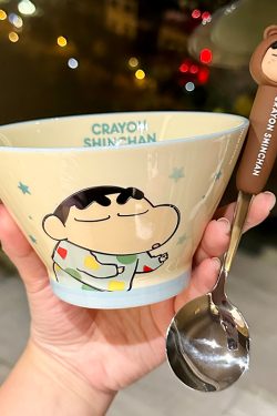 Cute Conical Hat Ceramic Rice Bowl for Kids - 2025 New Model, Adorable Crayon Shin-chan Design, Perfect Noodle Bowl for Children