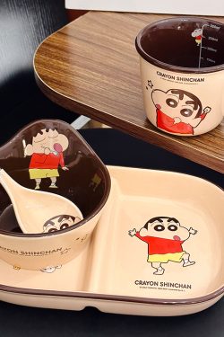 Cute Crayon Shin-chan Ceramic Tableware Set for Kids - One-Person Meal Bowl, Plate, and Milk Cup - Perfect for Breakfast