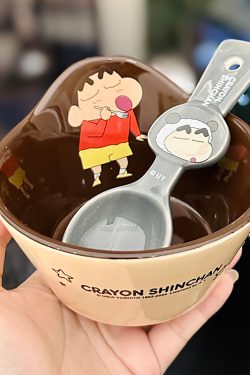 Cute Crayon Shin-chan Ceramic Tableware Set for Kids - One-Person Meal Bowl, Plate, and Milk Cup - Perfect for Breakfast