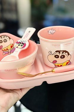 Cute Crayon Shin-chan Ceramic Tableware Set for Kids - One-Person Meal Bowl, Plate, and Milk Cup - Perfect for Breakfast