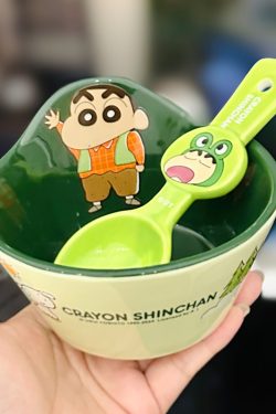 Cute Crayon Shin-chan Ceramic Tableware Set for Kids - One-Person Meal Bowl, Plate, and Milk Cup - Perfect for Breakfast