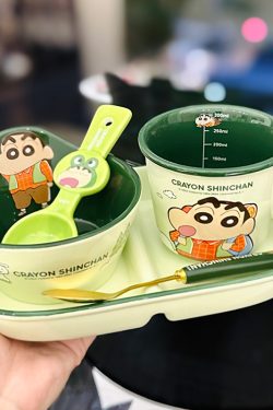Cute Crayon Shin-chan Ceramic Tableware Set for Kids - One-Person Meal Bowl, Plate, and Milk Cup - Perfect for Breakfast