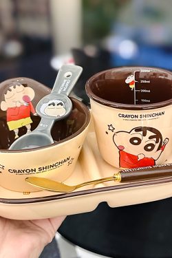Cute Crayon Shin-chan Ceramic Tableware Set for Kids - One-Person Meal Bowl, Plate, and Milk Cup - Perfect for Breakfast