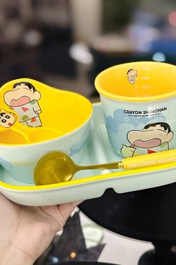 Cute Crayon Shin-chan Ceramic Tableware Set for Kids - One-Person Meal Bowl, Plate, and Milk Cup - Perfect for Breakfast