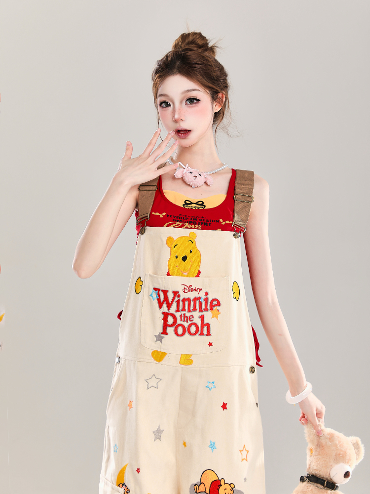 Cute Embroidered Winnie the Pooh Jumpsuit for Girls - Summer American Style Loose Casual Overalls, Disney Fashion Outfit Cute Embroidered Winnie the Pooh Jumpsuit for Girls - Summer American Style Loose Casual Overalls, Disney Fashion Outfit