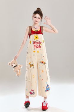 Cute Embroidered Winnie the Pooh Jumpsuit for Girls - Summer American Style Loose Casual Overalls, Disney Fashion Outfit