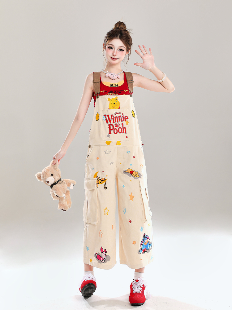 Cute Embroidered Winnie the Pooh Jumpsuit for Girls - Summer American Style Loose Casual Overalls, Disney Fashion Outfit Cute Embroidered Winnie the Pooh Jumpsuit for Girls - Summer American Style Loose Casual Overalls, Disney Fashion Outfit