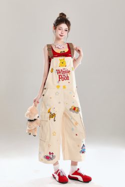 Cute Embroidered Winnie the Pooh Jumpsuit for Girls - Summer American Style Loose Casual Overalls, Disney Fashion Outfit