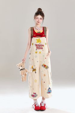 Cute Embroidered Winnie the Pooh Jumpsuit for Girls - Summer American Style Loose Casual Overalls, Disney Fashion Outfit