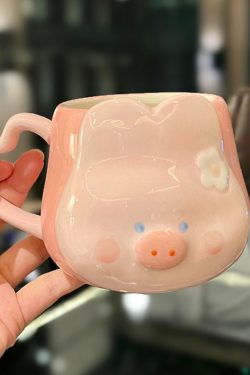 Cute Fufu Dog Ceramic Mug with Lid and Spoon - Influencer-Style Couple Water Cup for Breakfast or Coffee with Straw