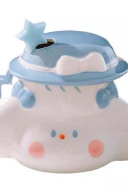 Cute Fufu Dog Ceramic Mug with Lid and Spoon - Influencer-Style Couple Water Cup for Breakfast or Coffee with Straw