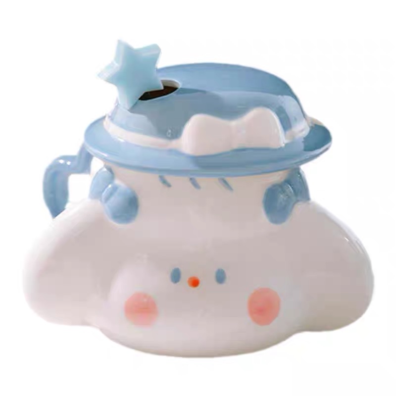 Cute Fufu Dog Ceramic Mug with Lid and Spoon - Influencer-Style Couple Water Cup for Breakfast or Coffee with Straw Cute Fufu Dog Ceramic Mug with Lid and Spoon - Influencer-Style Couple Water Cup for Breakfast or Coffee with Straw