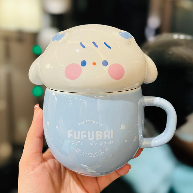 Cute Fufu Dog Ceramic Mug with Lid and Spoon - Influencer-Style Couple Water Cup for Breakfast or Coffee with Straw Cute Fufu Dog Ceramic Mug with Lid and Spoon - Influencer-Style Couple Water Cup for Breakfast or Coffee with Straw