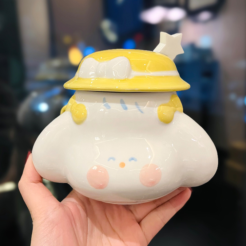 Cute Fufu Dog Ceramic Mug with Lid and Spoon - Influencer-Style Couple Water Cup for Breakfast or Coffee with Straw Cute Fufu Dog Ceramic Mug with Lid and Spoon - Influencer-Style Couple Water Cup for Breakfast or Coffee with Straw