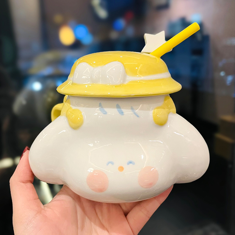 Cute Fufu Dog Ceramic Mug with Lid and Spoon - Influencer-Style Couple Water Cup for Breakfast or Coffee with Straw Cute Fufu Dog Ceramic Mug with Lid and Spoon - Influencer-Style Couple Water Cup for Breakfast or Coffee with Straw