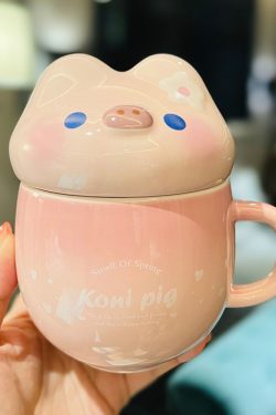 Cute Fufu Dog Ceramic Mug with Lid and Spoon - Influencer-Style Couple Water Cup for Breakfast or Coffee with Straw