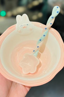 Cute Hand-Painted Cartoon Unicorn Ceramic Bowl with Underglaze, 5-Inch Ice Cream Bowl and Dessert Spoon, Perfect for Kids' Parties