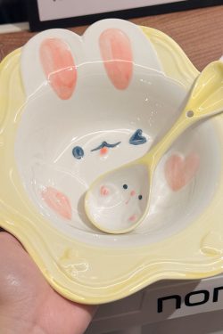 Cute Hand-Painted Cartoon Unicorn Ceramic Bowl with Underglaze, 5-Inch Ice Cream Bowl and Dessert Spoon, Perfect for Kids' Parties