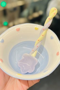 Cute Hand-Painted Cartoon Unicorn Ceramic Bowl with Underglaze, 5-Inch Ice Cream Bowl and Dessert Spoon, Perfect for Kids' Parties