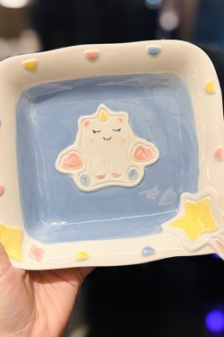 Cute Hand-Painted Cartoon Unicorn Ceramic Bowl with Underglaze, 5-Inch Ice Cream Bowl and Dessert Spoon, Perfect for Kids' Parties