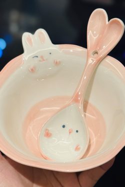 Cute Hand-Painted Cartoon Unicorn Ceramic Bowl with Underglaze, 5-Inch Ice Cream Bowl and Dessert Spoon, Perfect for Kids' Parties
