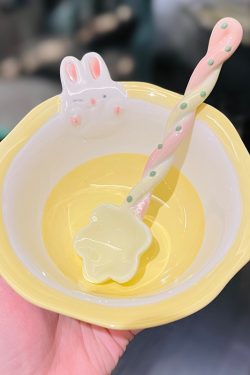 Cute Hand-Painted Cartoon Unicorn Ceramic Bowl with Underglaze, 5-Inch Ice Cream Bowl and Dessert Spoon, Perfect for Kids' Parties