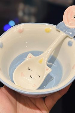 Cute Hand-Painted Cartoon Unicorn Ceramic Bowl with Underglaze, 5-Inch Ice Cream Bowl and Dessert Spoon, Perfect for Kids' Parties