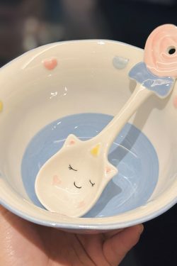 Cute Hand-Painted Cartoon Unicorn Ceramic Bowl with Underglaze, 5-Inch Ice Cream Bowl and Dessert Spoon, Perfect for Kids' Parties