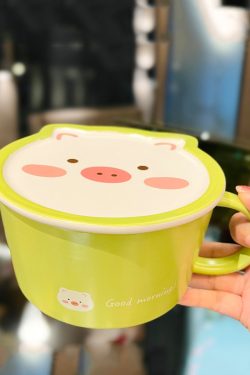 Cute Heart Ceramic Noodle Bowl with Lid - Microwaveable Instant Ramen Bowl for Students, Instagram Trendy Kitchenware