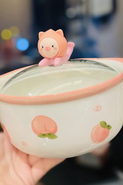 Cute Heart Ceramic Noodle Bowl with Lid - Microwaveable Instant Ramen Bowl for Students, Instagram Trendy Kitchenware