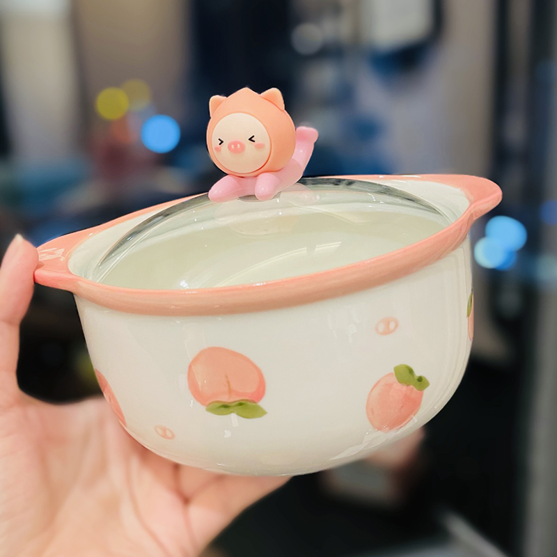 Cute Heart Ceramic Noodle Bowl with Lid - Microwaveable Instant Ramen Bowl for Students, Instagram Trendy Kitchenware Cute Heart Ceramic Noodle Bowl with Lid - Microwaveable Instant Ramen Bowl for Students, Instagram Trendy Kitchenware