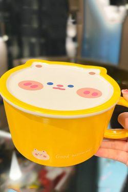 Cute Heart Ceramic Noodle Bowl with Lid - Microwaveable Instant Ramen Bowl for Students, Instagram Trendy Kitchenware