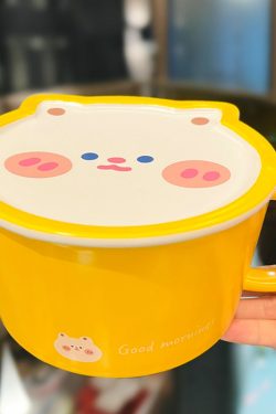 Cute Heart Ceramic Noodle Bowl with Lid - Microwaveable Instant Ramen Bowl for Students, Instagram Trendy Kitchenware
