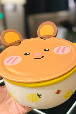 Cute Heart Ceramic Noodle Bowl with Lid - Microwaveable Instant Ramen Bowl for Students, Instagram Trendy Kitchenware