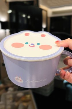 Cute Heart Ceramic Noodle Bowl with Lid - Microwaveable Instant Ramen Bowl for Students, Instagram Trendy Kitchenware