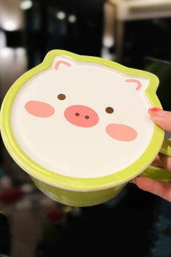 Cute Heart Ceramic Noodle Bowl with Lid - Microwaveable Instant Ramen Bowl for Students, Instagram Trendy Kitchenware