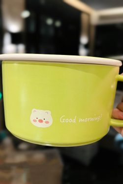 Cute Heart Ceramic Noodle Bowl with Lid - Microwaveable Instant Ramen Bowl for Students, Instagram Trendy Kitchenware