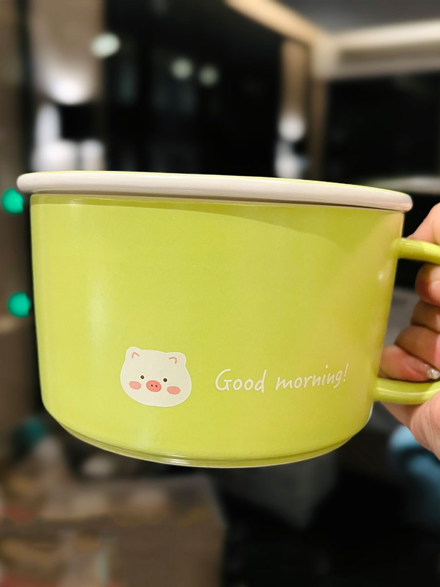 Cute Heart Ceramic Noodle Bowl with Lid - Microwaveable Instant Ramen Bowl for Students, Instagram Trendy Kitchenware Cute Heart Ceramic Noodle Bowl with Lid - Microwaveable Instant Ramen Bowl for Students, Instagram Trendy Kitchenware