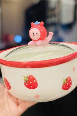 Cute Heart Ceramic Noodle Bowl with Lid - Microwaveable Instant Ramen Bowl for Students, Instagram Trendy Kitchenware