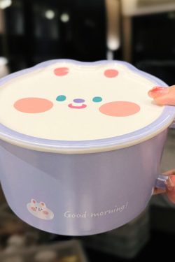 Cute Heart Ceramic Noodle Bowl with Lid - Microwaveable Instant Ramen Bowl for Students, Instagram Trendy Kitchenware