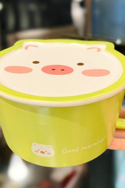 Cute Heart Ceramic Noodle Bowl with Lid - Microwaveable Instant Ramen Bowl for Students, Instagram Trendy Kitchenware