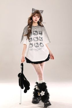 Cute Hello Kitty Cat Short-Sleeve T-Shirt for Women, Casual Summer 2025 Loose Fit, Trendy American Style