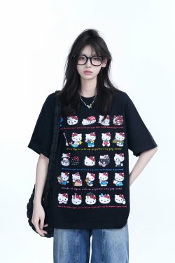 Cute Kitty Cat Graphic Black Short Sleeve T-Shirt for Women - Summer Heavy Loose Fit, Casual Style, Perfect for Y2K Fashion