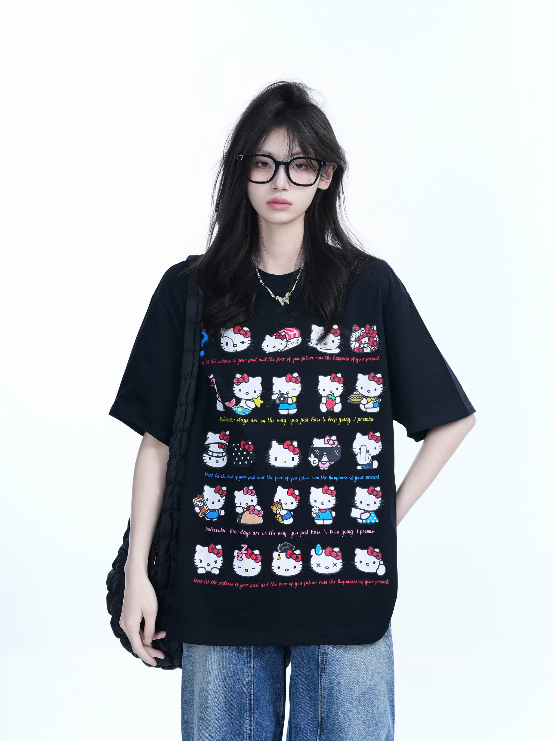 Cute Kitty Cat Graphic Black Short Sleeve T-Shirt for Women - Summer Heavy Loose Fit, Casual Style, Perfect for Y2K Fashion Cute Kitty Cat Graphic Black Short Sleeve T-Shirt for Women - Summer Heavy Loose Fit, Casual Style, Perfect for Y2K Fashion