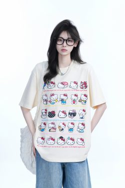 Cute Kitty Cat Graphic Black Short Sleeve T-Shirt for Women - Summer Heavy Loose Fit, Casual Style, Perfect for Y2K Fashion