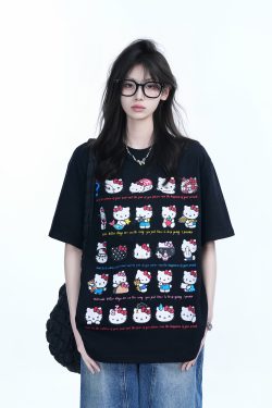 Cute Kitty Cat Graphic Black Short Sleeve T-Shirt for Women - Summer Heavy Loose Fit, Casual Style, Perfect for Y2K Fashion
