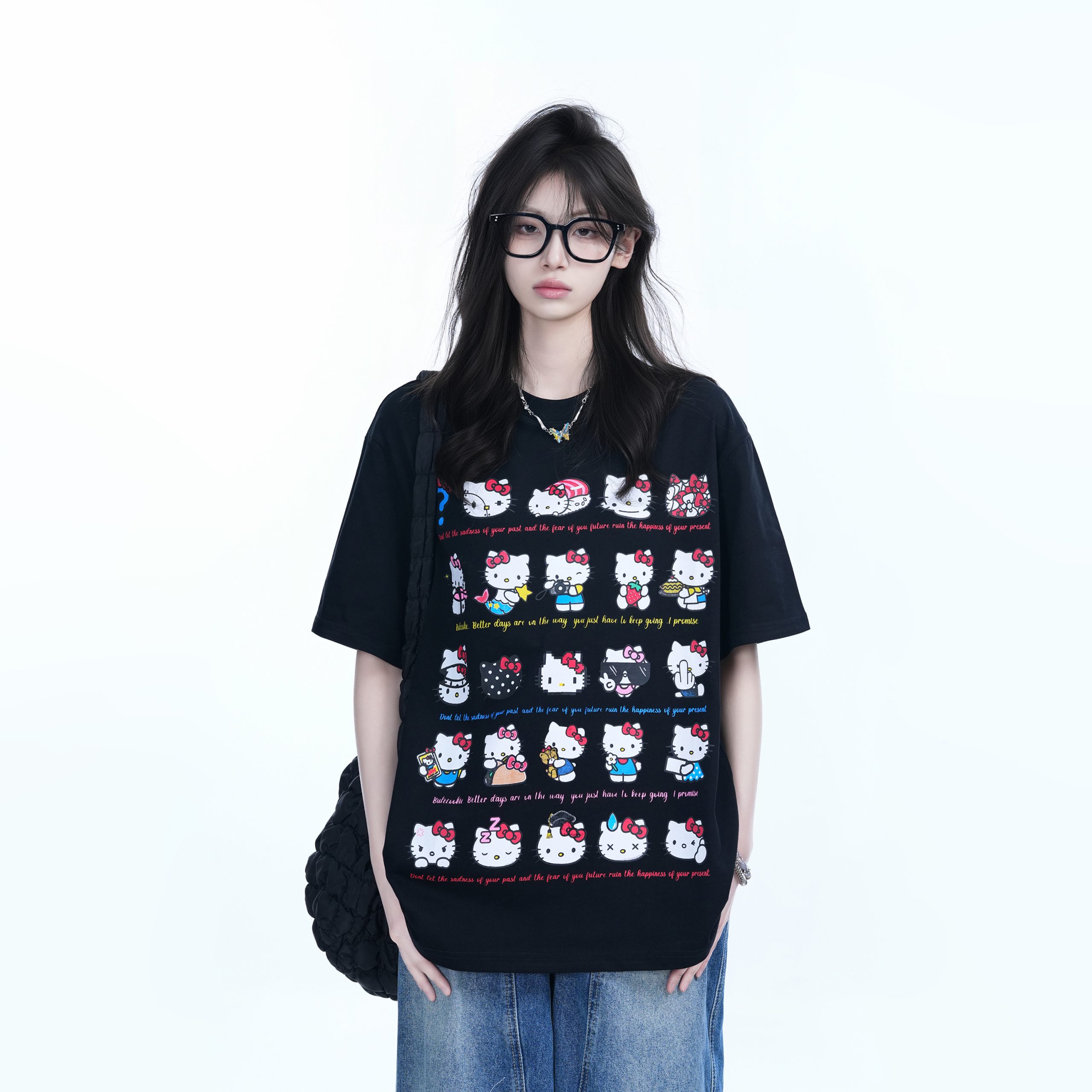 Cute Kitty Cat Graphic Black Short Sleeve T-Shirt for Women - Summer Heavy Loose Fit, Casual Style, Perfect for Y2K Fashion Cute Kitty Cat Graphic Black Short Sleeve T-Shirt for Women - Summer Heavy Loose Fit, Casual Style, Perfect for Y2K Fashion