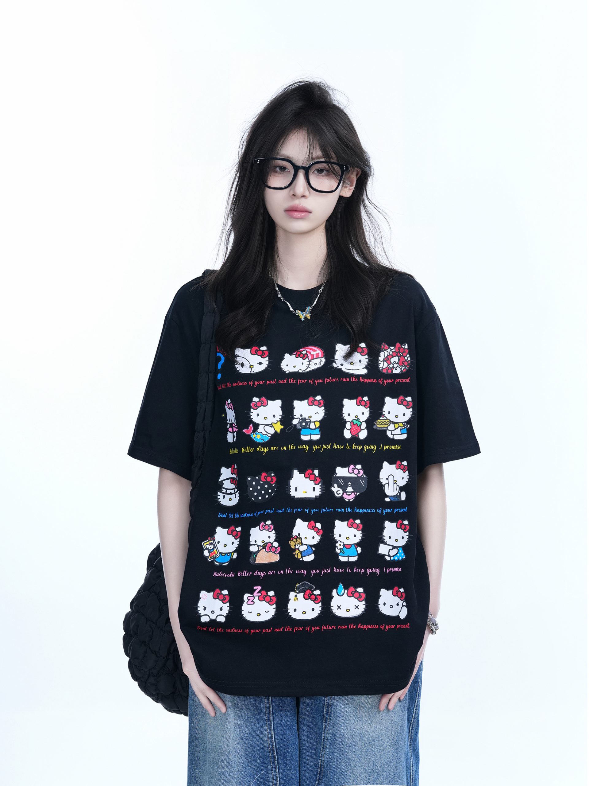 Cute Kitty Cat Graphic Black Short Sleeve T-Shirt for Women - Summer Heavy Loose Fit, Casual Style, Perfect for Y2K Fashion Cute Kitty Cat Graphic Black Short Sleeve T-Shirt for Women - Summer Heavy Loose Fit, Casual Style, Perfect for Y2K Fashion